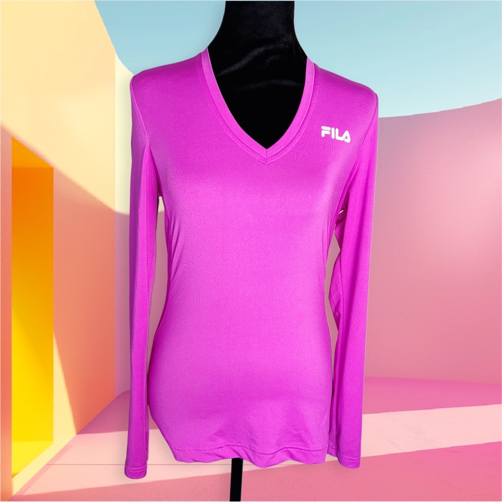 Fila Sport Women’s Magenta Pink V Neck Performance Athletic Long Sleeve Top XS